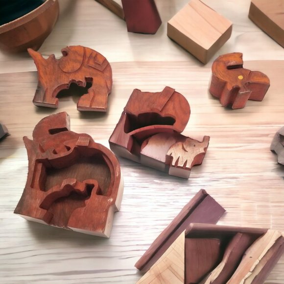 Wood Puzzle Box Elephant & Calf Handmade Secret Lock Jewelry Box Keepsake decor - Picture 6 of 11